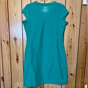 L.L.Bean Dress Size L Teal Pima Pocket V-Neck Knee Length Short Sleeves Boho